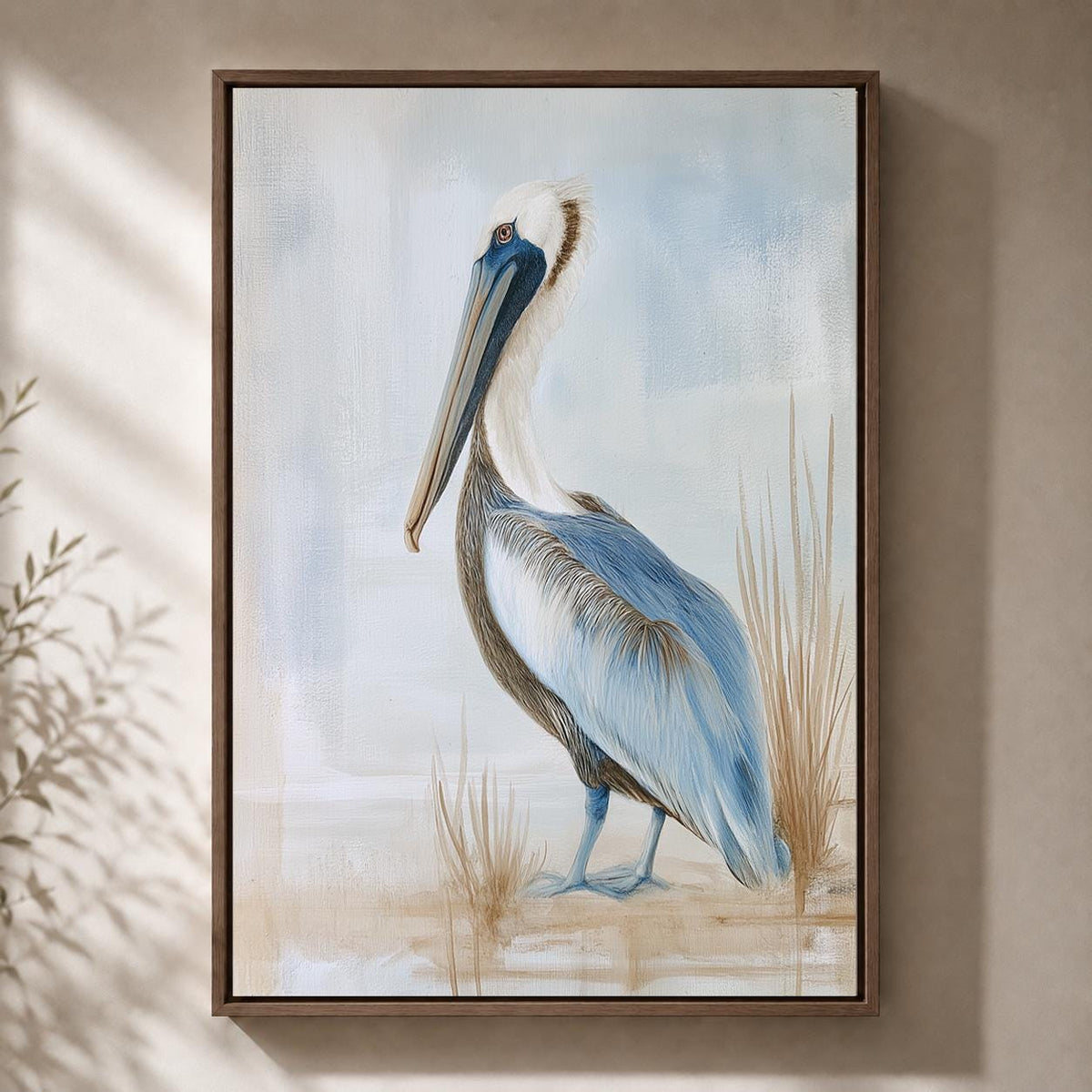 Coastal Pelican Framed Canvas Art, Beach House Bird Print, Nautical Decor by The Wall Art Studio - physical