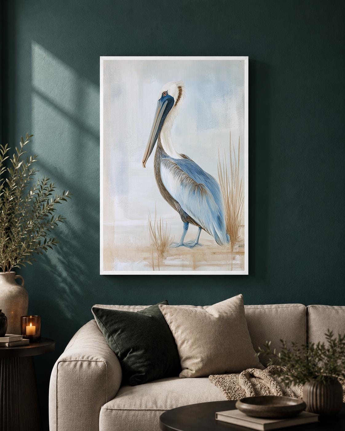 Coastal Pelican Framed Canvas Art, Beach House Bird Print, Nautical Decor by The Wall Art Studio - physical