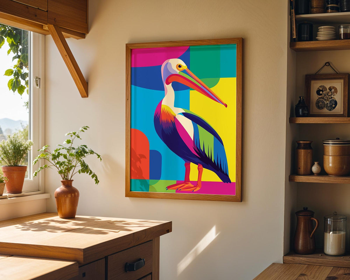 Colorful Abstract Pelican Wall Art, Modern Pop Art Bird Print, Coastal Poster by The Wall Art Studio - physical