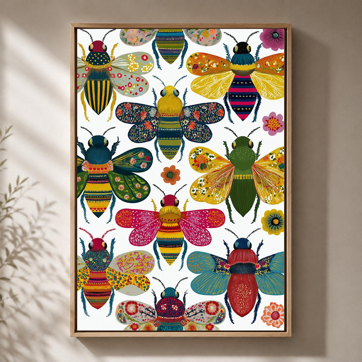 Colorful Bee Framed Canvas Wall Art, Botanical Insect Print, Maximalist Nature Decor by The Wall Art Studio - physical