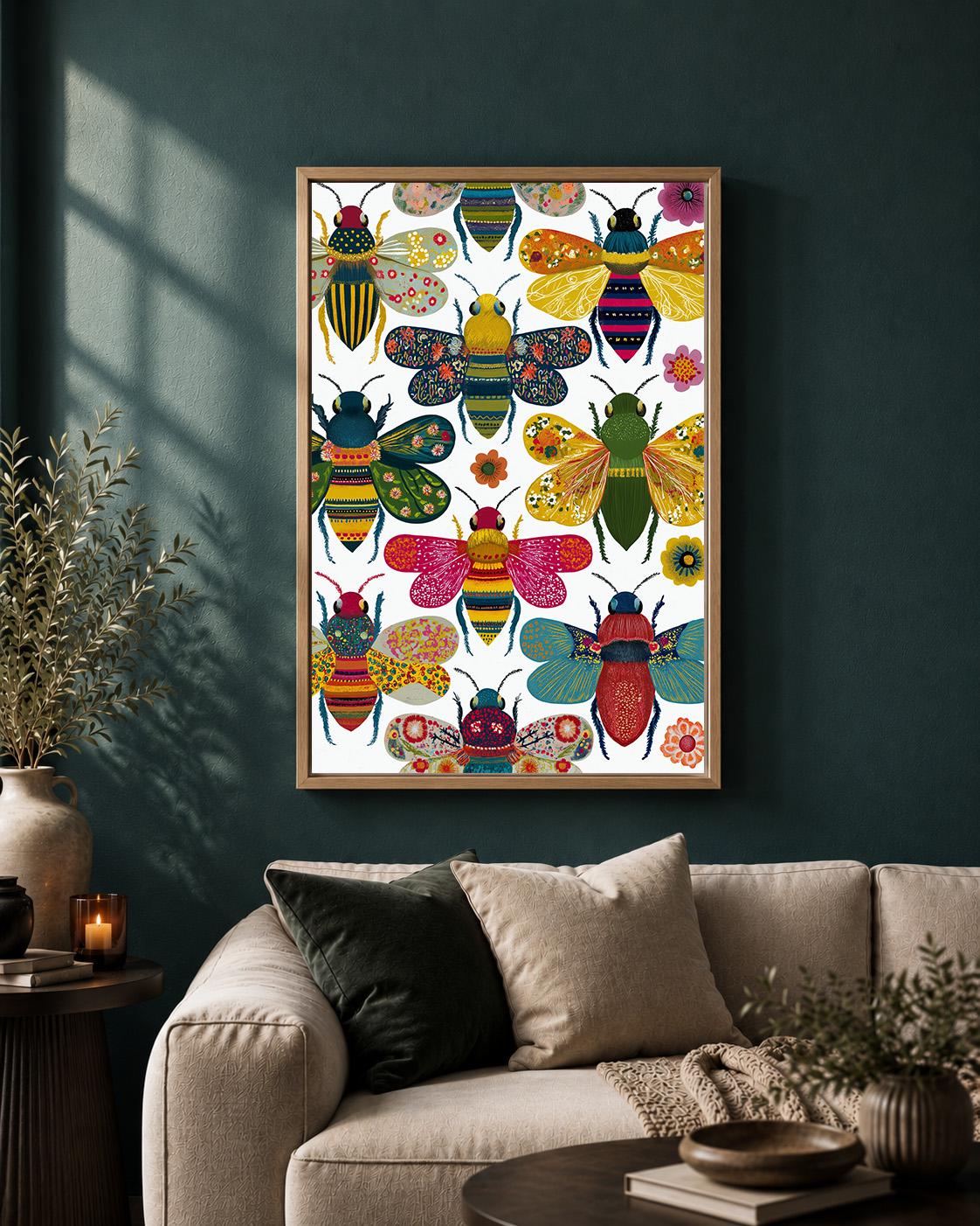 Colorful Bee Framed Canvas Wall Art, Botanical Insect Print, Maximalist Nature Decor by The Wall Art Studio - physical