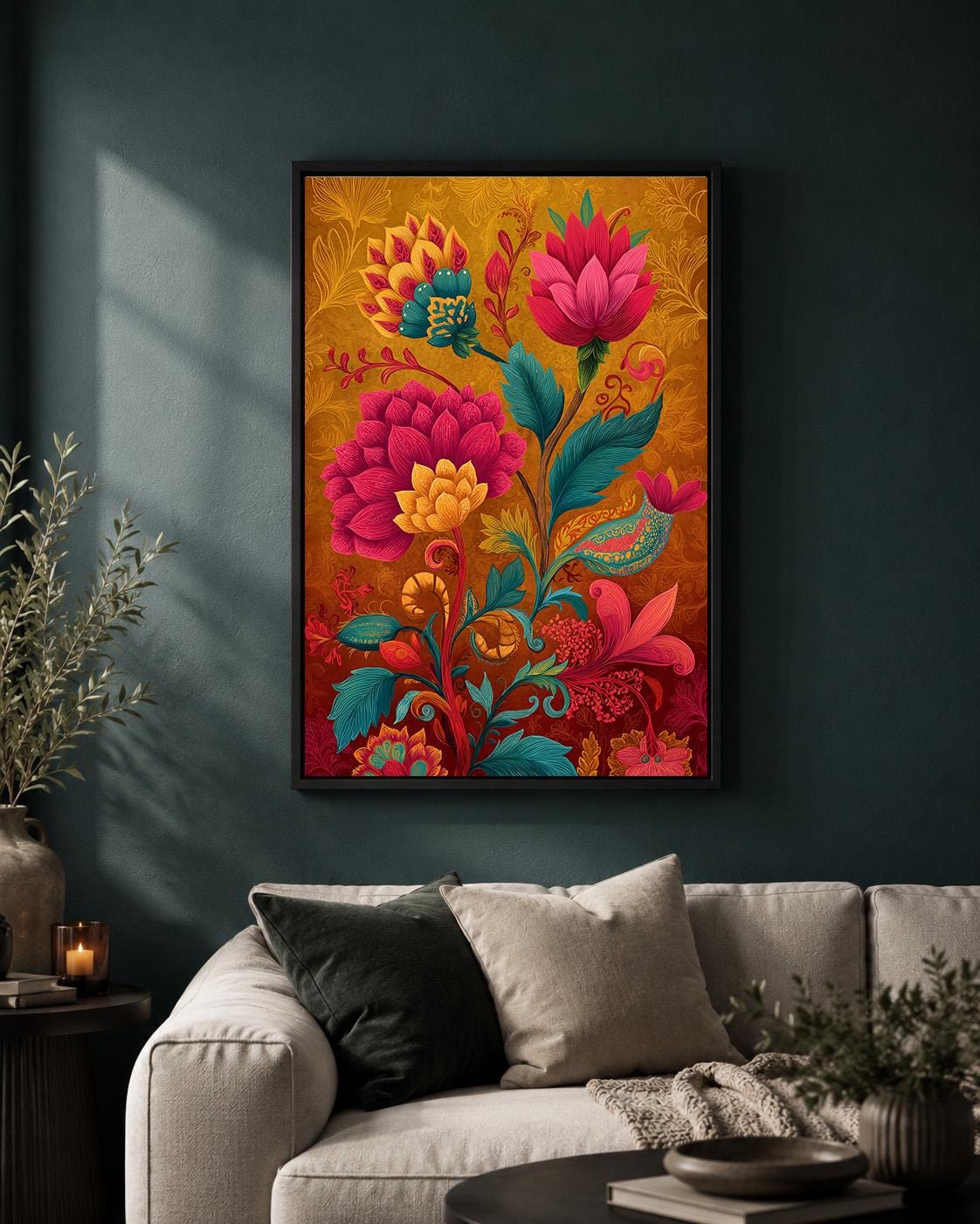 Colorful Folk Floral Framed Canvas Art, Maximalist Botanical Print, Boho Vintage Decor by The Wall Art Studio - physical