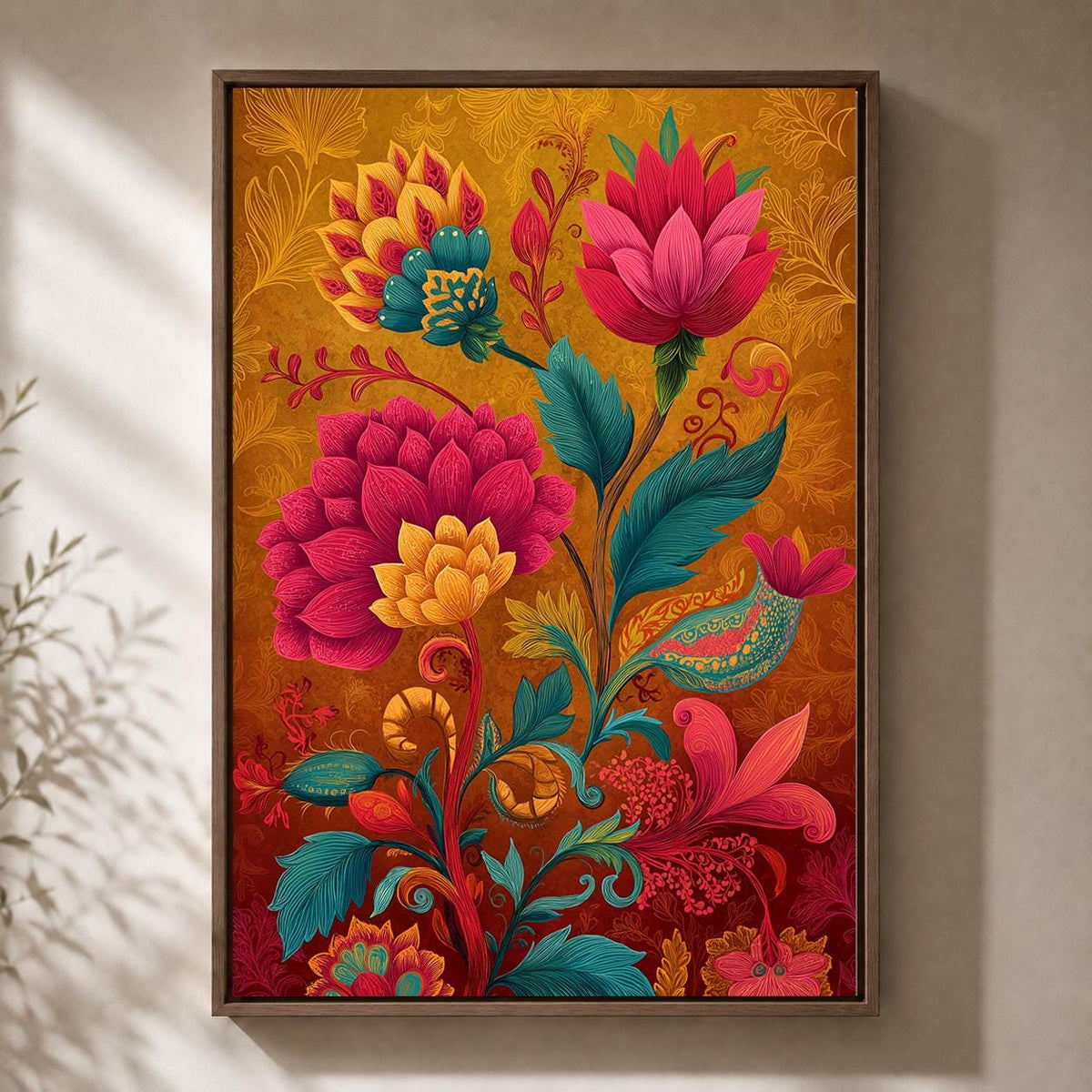 Colorful Folk Floral Framed Canvas Art, Maximalist Botanical Print, Boho Vintage Decor by The Wall Art Studio - physical