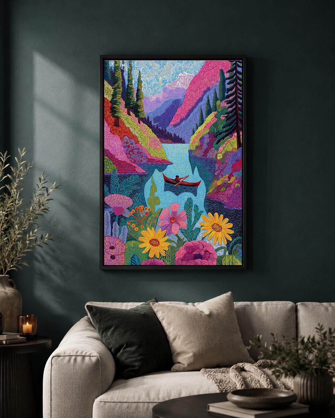 Colorful Mountain Lake Framed Canvas Wall Art, Maximalist Landscape Print, Vibrant Nature Canvas Decor by The Wall Art Stu...