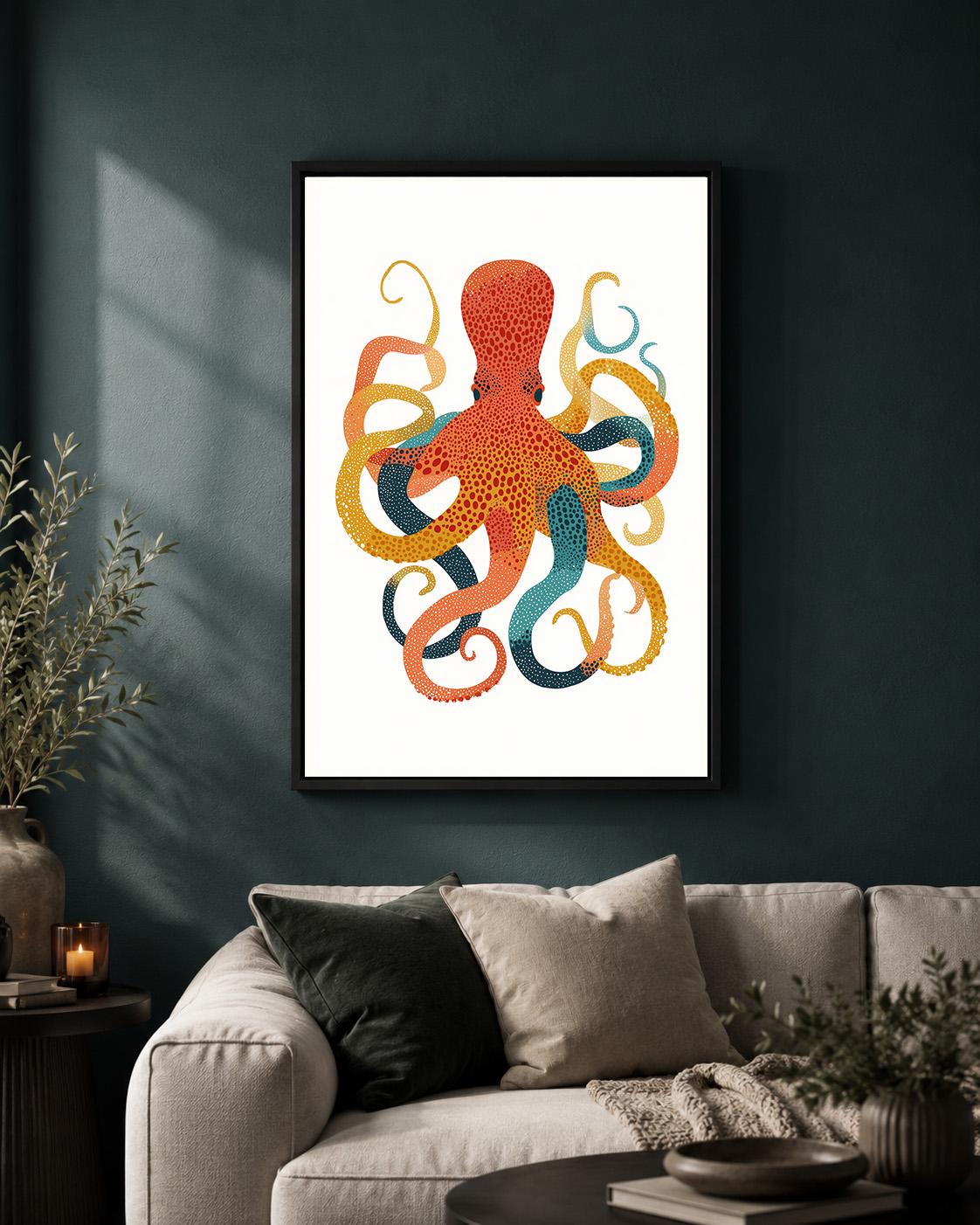 Colorful Octopus Framed Canvas Art, Scandinavian Folk Print, Coastal Nautical Decor by The Wall Art Studio - physical