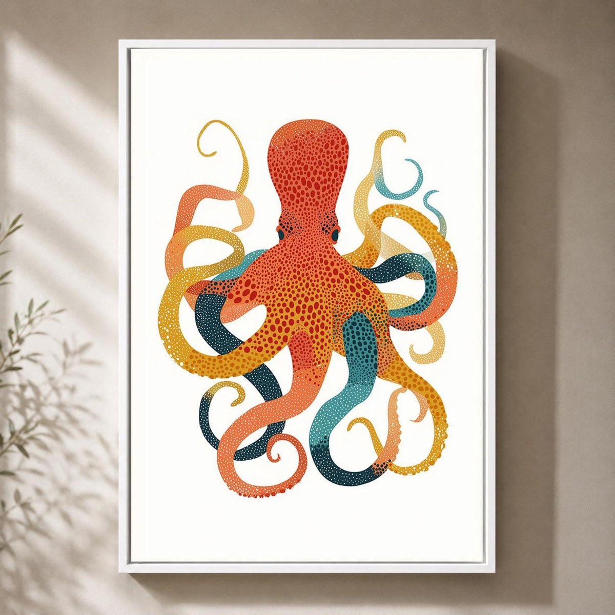 Colorful Octopus Framed Canvas Art, Scandinavian Folk Print, Coastal Nautical Decor by The Wall Art Studio - physical