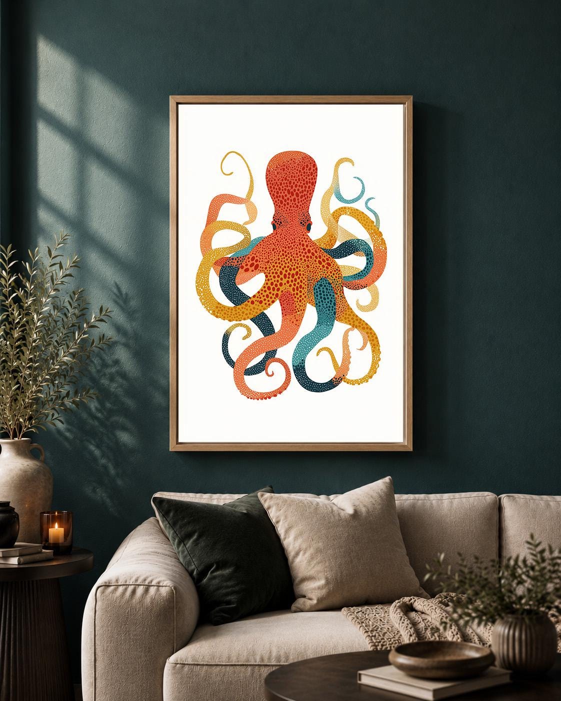 Colorful Octopus Framed Canvas Art, Scandinavian Folk Print, Coastal Nautical Decor by The Wall Art Studio - physical