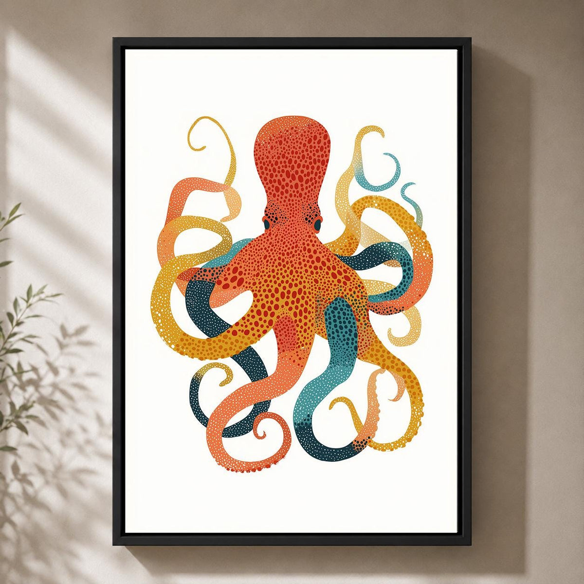 Colorful Octopus Framed Canvas Art, Scandinavian Folk Print, Coastal Nautical Decor by The Wall Art Studio - physical