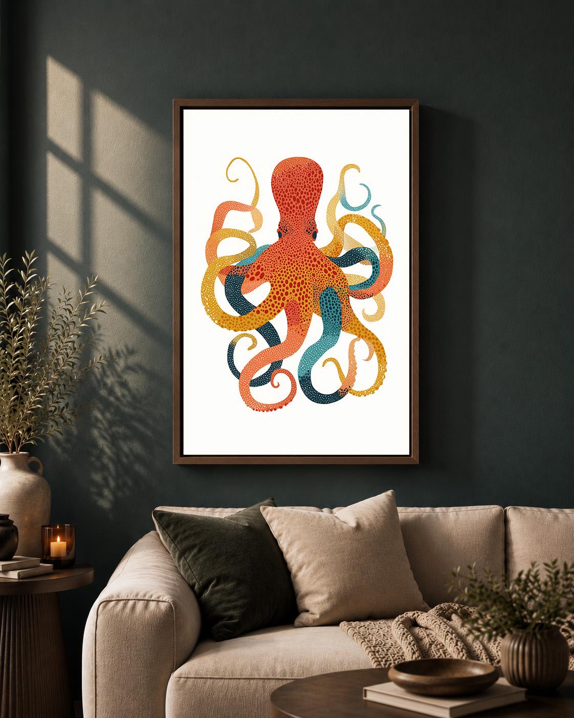 Colorful Octopus Framed Canvas Art, Scandinavian Folk Print, Coastal Nautical Decor by The Wall Art Studio - physical