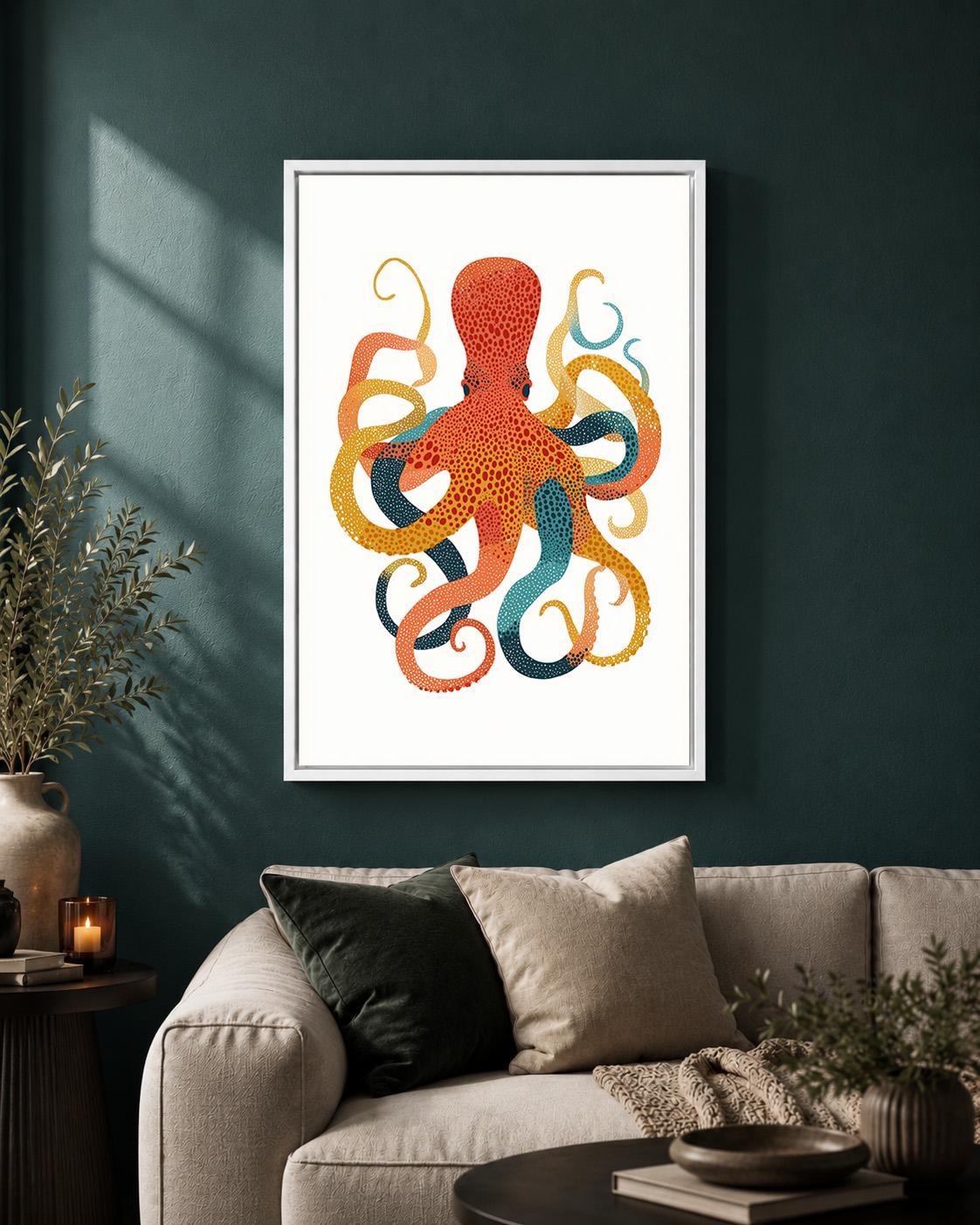 Colorful Octopus Framed Canvas Art, Scandinavian Folk Print, Coastal Nautical Decor by The Wall Art Studio - physical