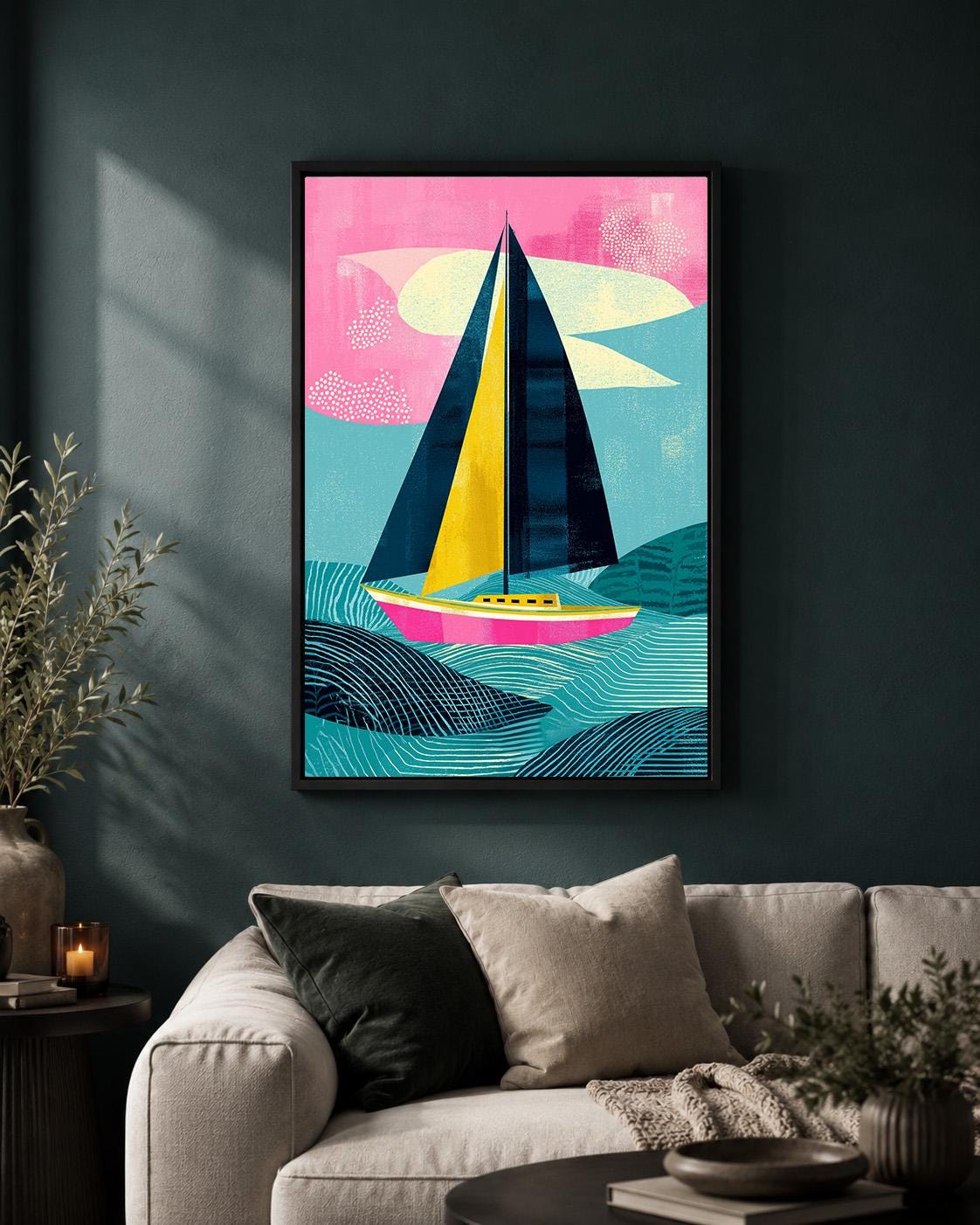 Colorful Sailboat Framed Canvas Art, Modern Coastal Seascape Print, Abstract Nautical Decor by The Wall Art Studio - physical