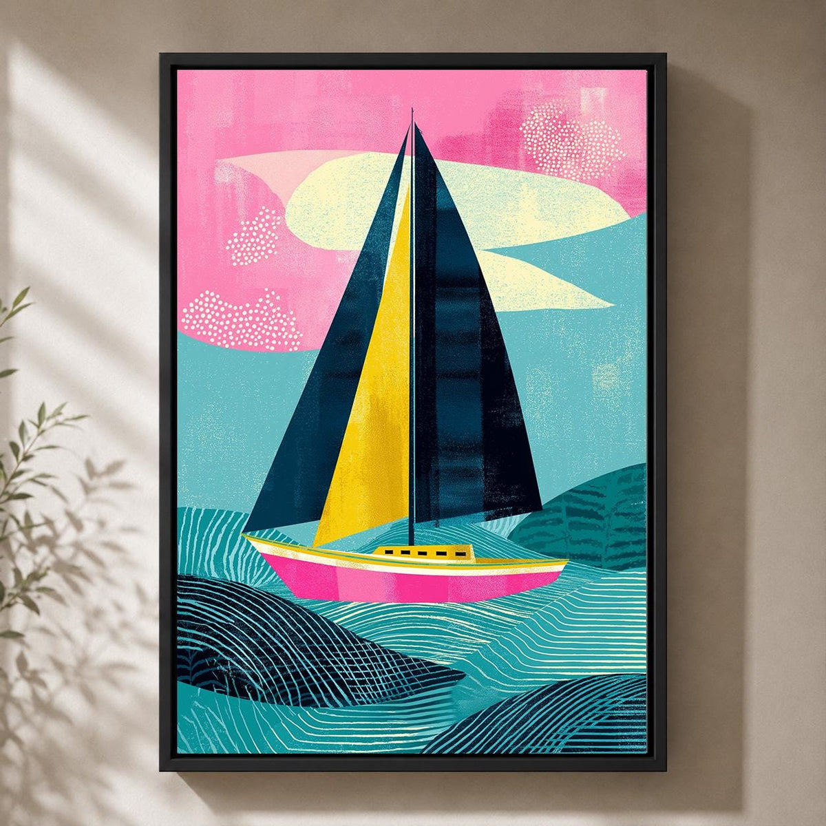 Colorful Sailboat Framed Canvas Art, Modern Coastal Seascape Print, Abstract Nautical Decor by The Wall Art Studio - physical