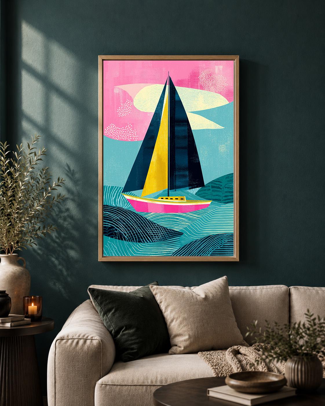 Colorful Sailboat Framed Canvas Art, Modern Coastal Seascape Print, Abstract Nautical Decor by The Wall Art Studio - physical