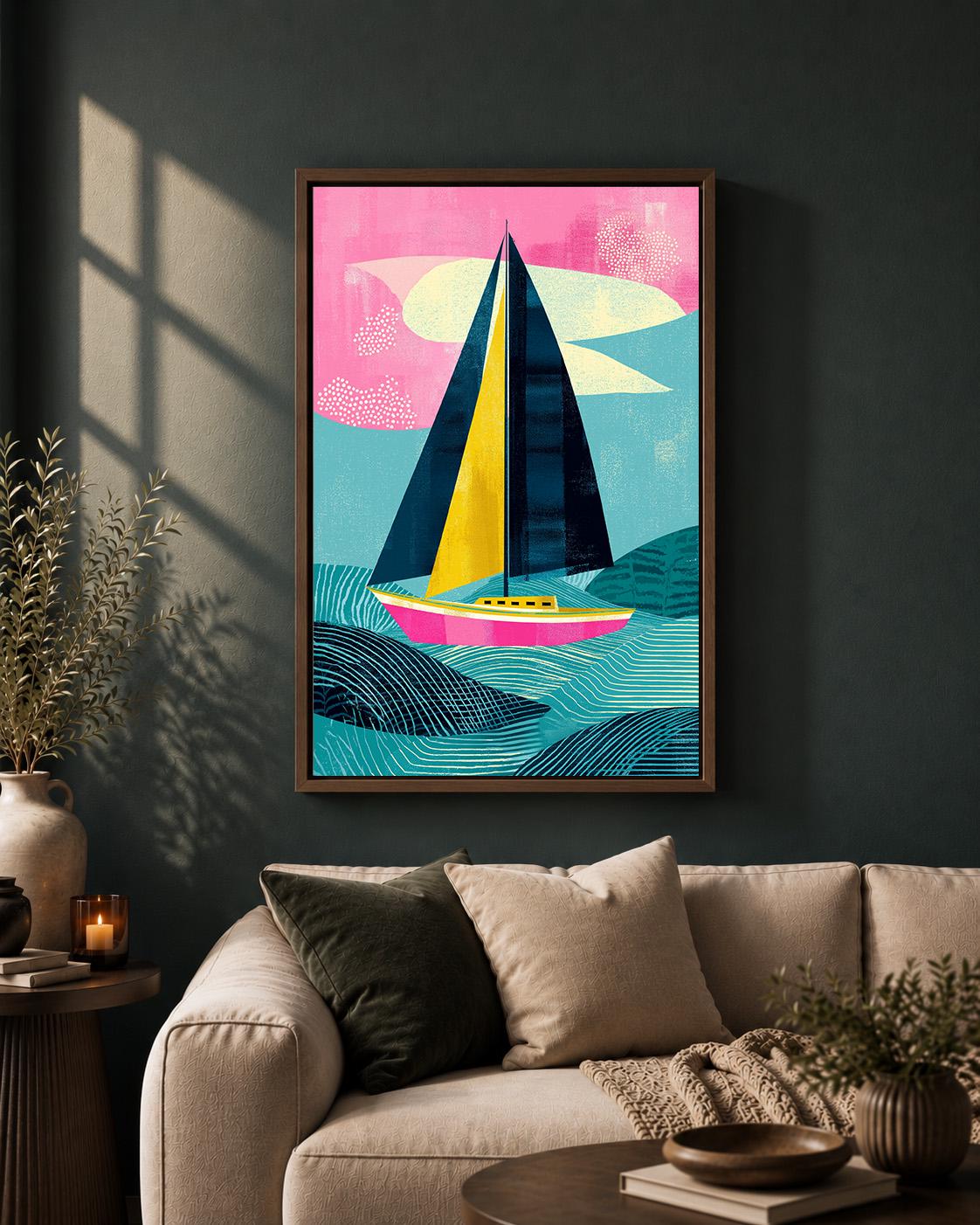 Colorful Sailboat Framed Canvas Art, Modern Coastal Seascape Print, Abstract Nautical Decor by The Wall Art Studio - physical