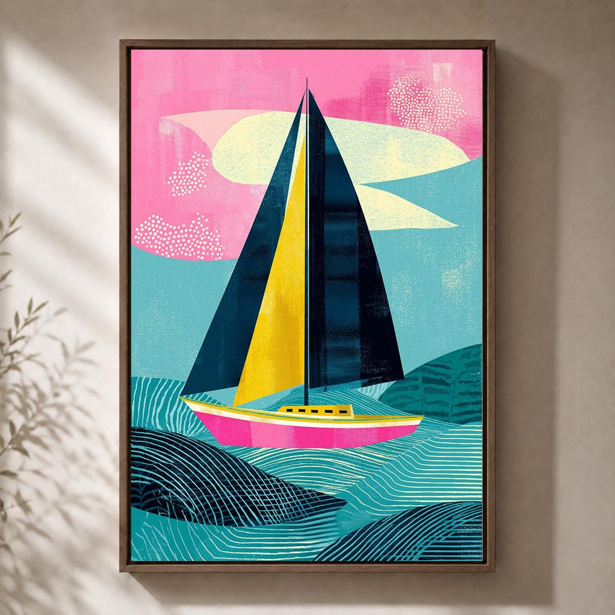 Colorful Sailboat Framed Canvas Art, Modern Coastal Seascape Print, Abstract Nautical Decor by The Wall Art Studio - physical