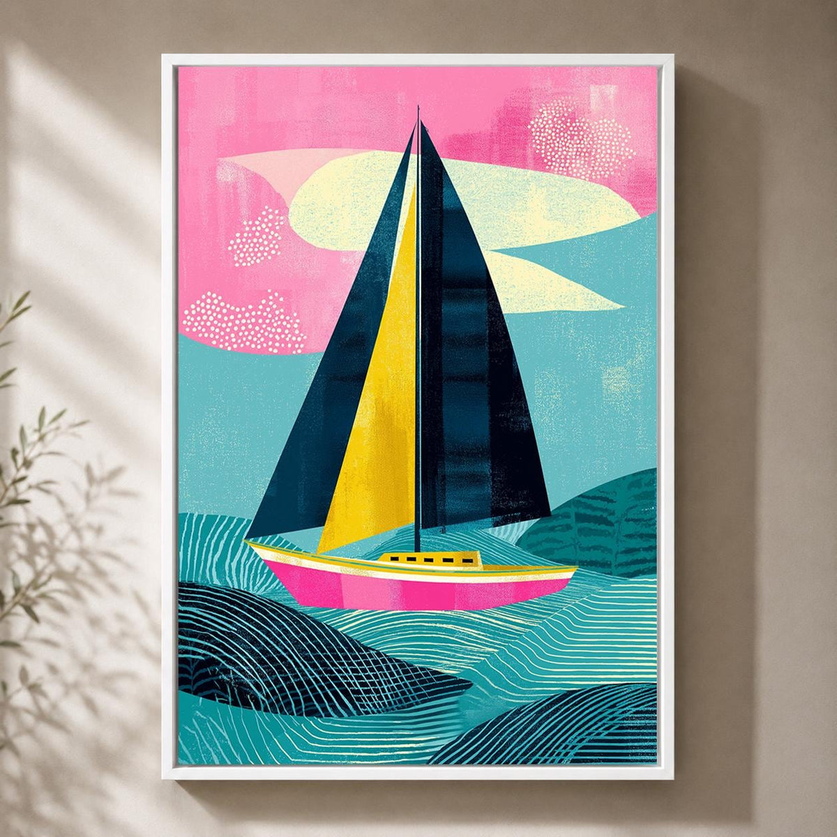 Colorful Sailboat Framed Canvas Art, Modern Coastal Seascape Print, Abstract Nautical Decor by The Wall Art Studio - physical