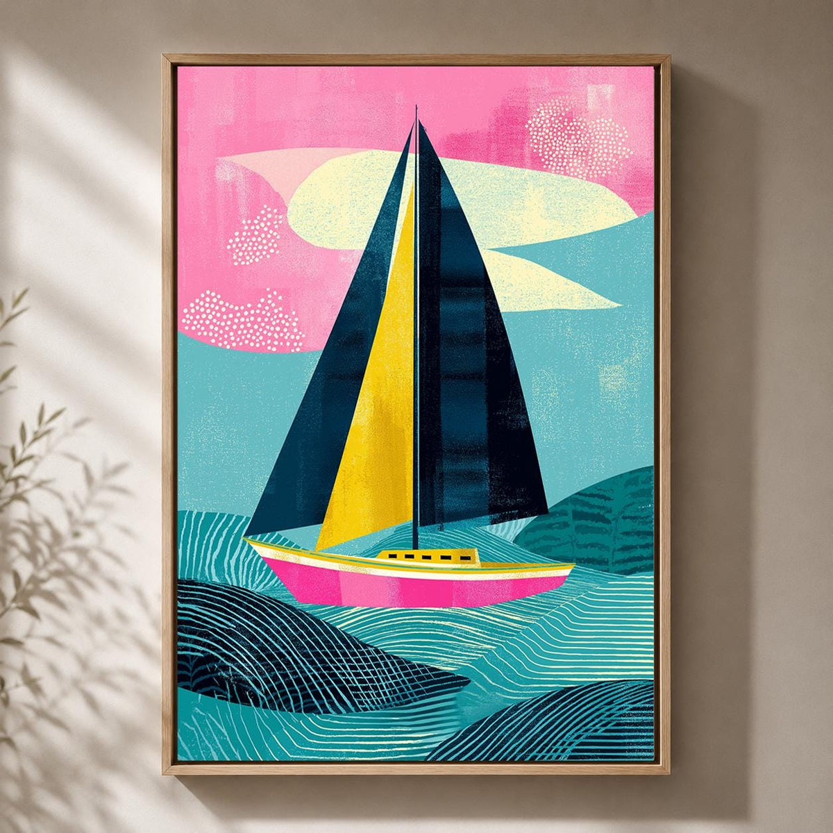 Colorful Sailboat Framed Canvas Art, Modern Coastal Seascape Print, Abstract Nautical Decor by The Wall Art Studio - physical