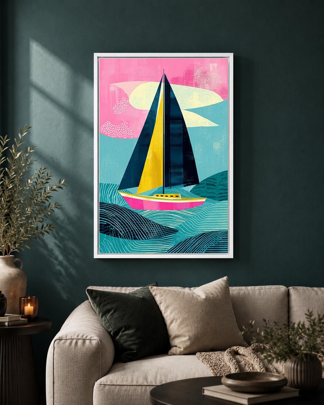 Colorful Sailboat Framed Canvas Art, Modern Coastal Seascape Print, Abstract Nautical Decor by The Wall Art Studio - physical