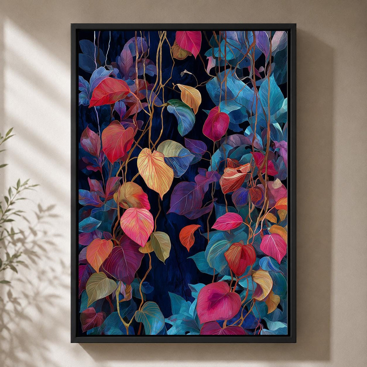 Colorful Tropical Leaves Framed Canvas Wall Art, Moody Botanical Print, Maximalist Jungle Canvas Decor by The Wall Art Stu...