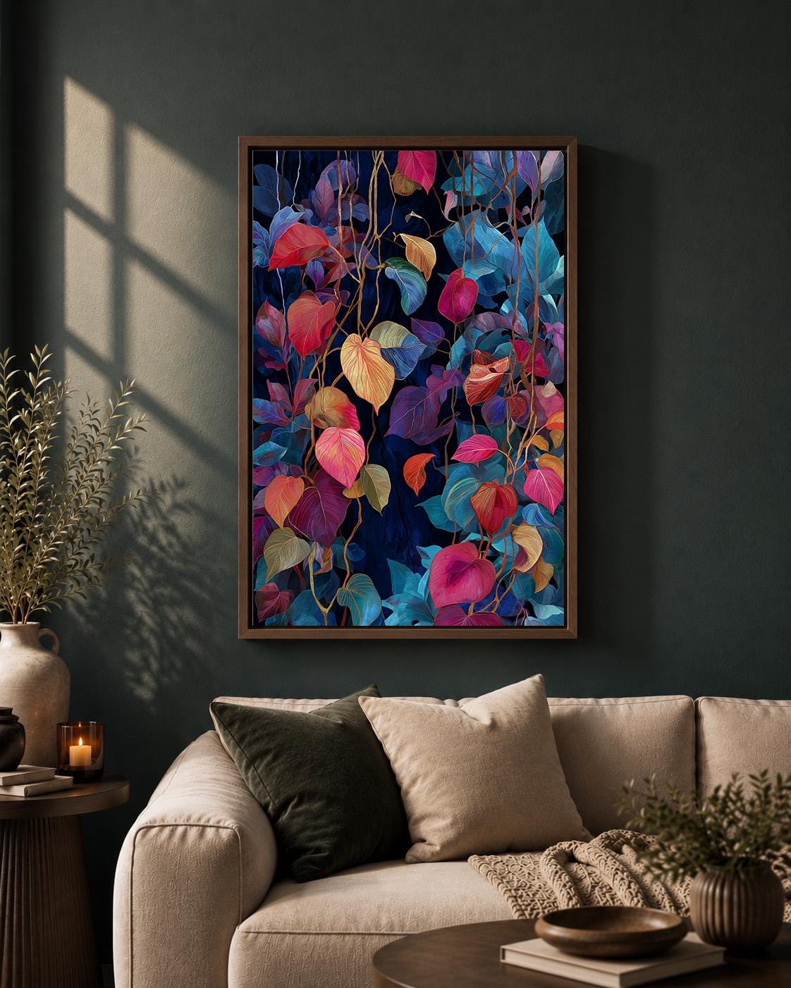 Colorful Tropical Leaves Framed Canvas Wall Art, Moody Botanical Print, Maximalist Jungle Canvas Decor by The Wall Art Stu...