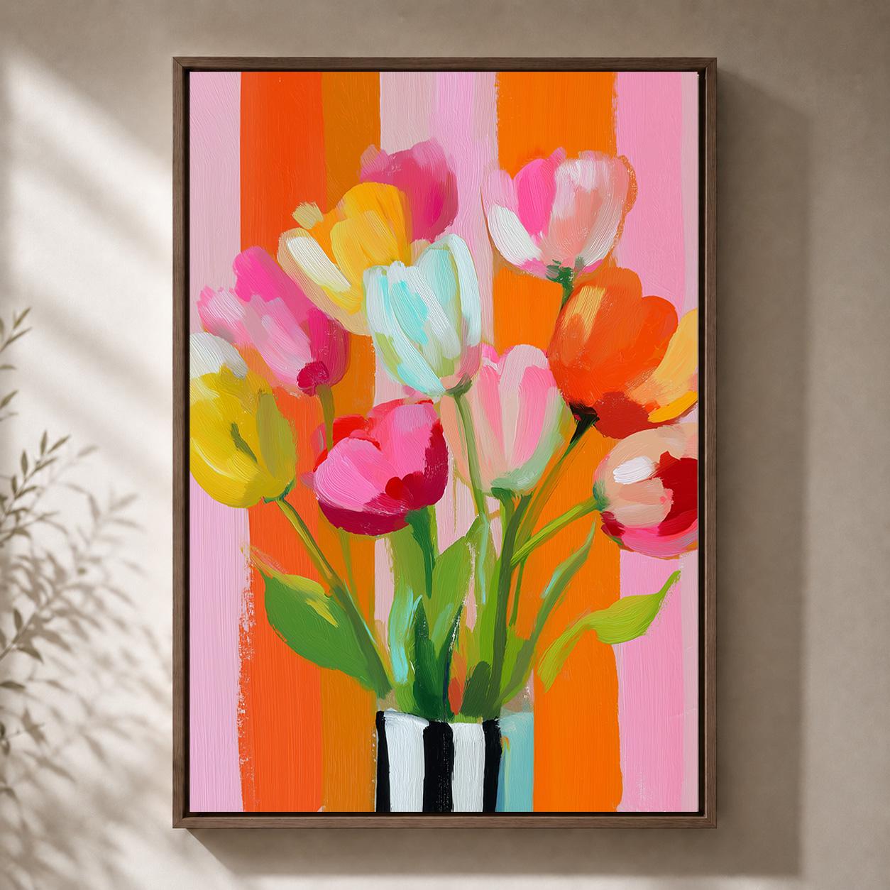Colorful Tulip Floral Framed Canvas Art, Modern Botanical Vase Painting, Bright Home Decor by The Wall Art Studio - physical