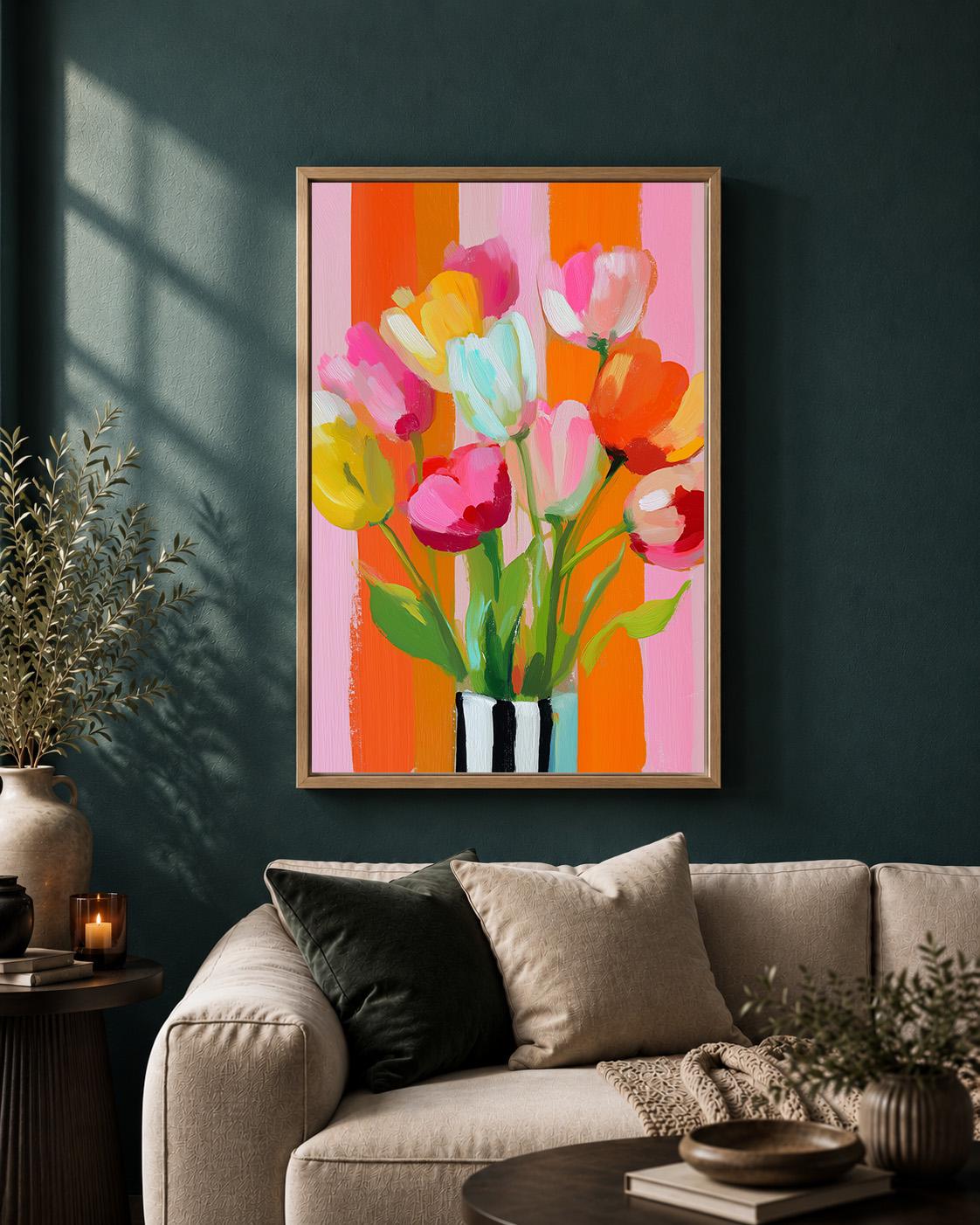 Colorful Tulip Floral Framed Canvas Art, Modern Botanical Vase Painting, Bright Home Decor by The Wall Art Studio - physical
