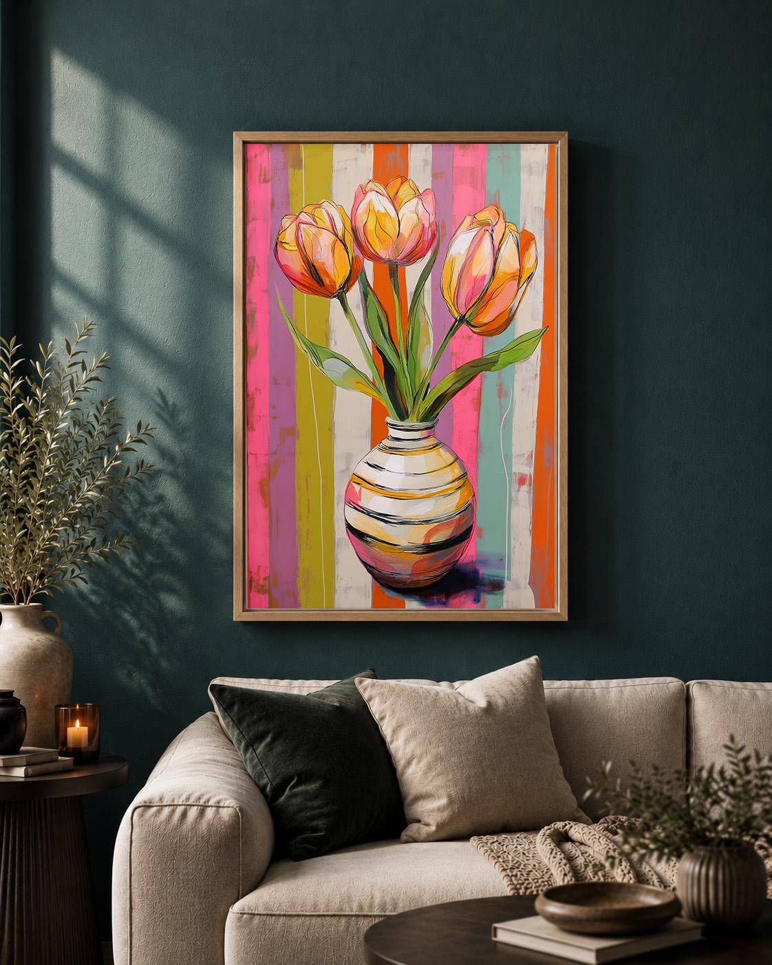 Colorful Tulip Framed Canvas Art, Modern Floral Vase Painting, Botanical Print Home Decor by The Wall Art Studio - physical