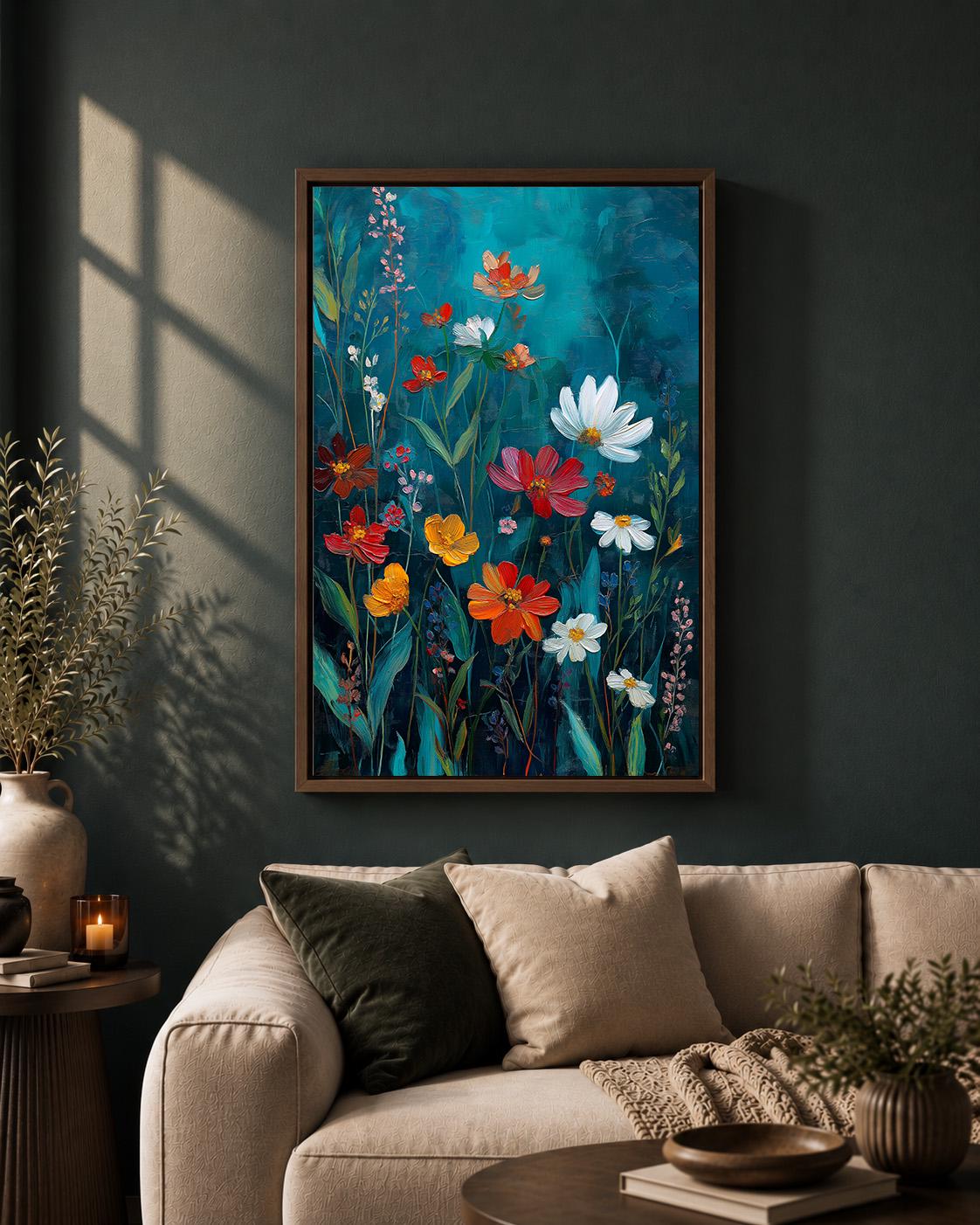 Colorful Wildflower Framed Canvas Wall Art, Moody Botanical Painting, Modern Floral Meadow Decor by The Wall Art Studio -...
