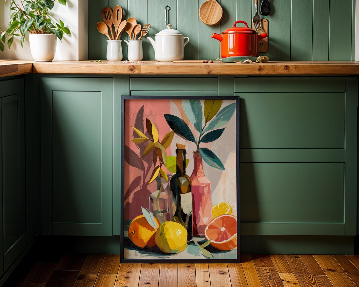 Colourful Still Life Art Print • Modern Wine & Citrus Wall Art • Vibrant Kitchen Décor • Painterly Fruit Illustration • Co...