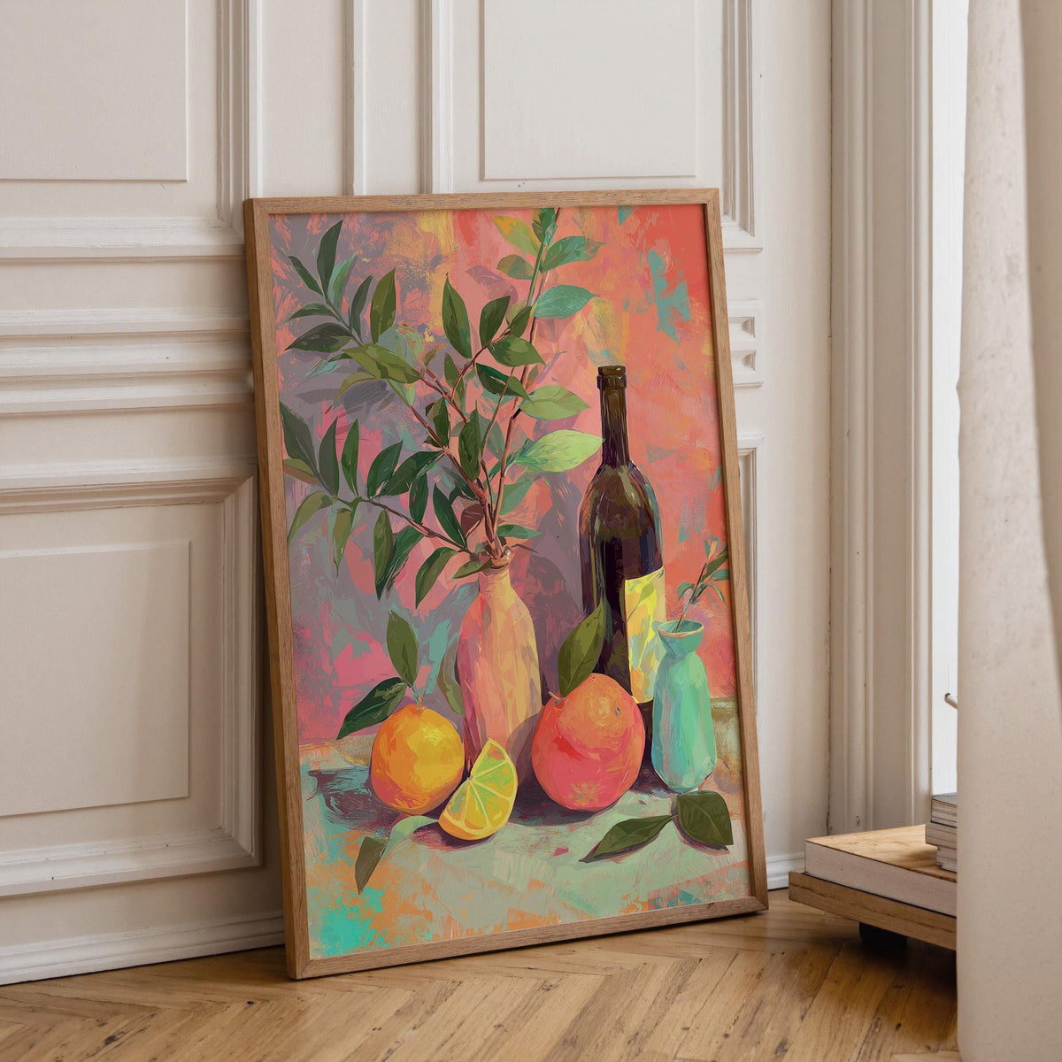 Colourful Still Life Art Print • Modern Wine & Citrus Wall Art • Vibrant Kitchen Décor • Painterly Fruit Illustration • Co...