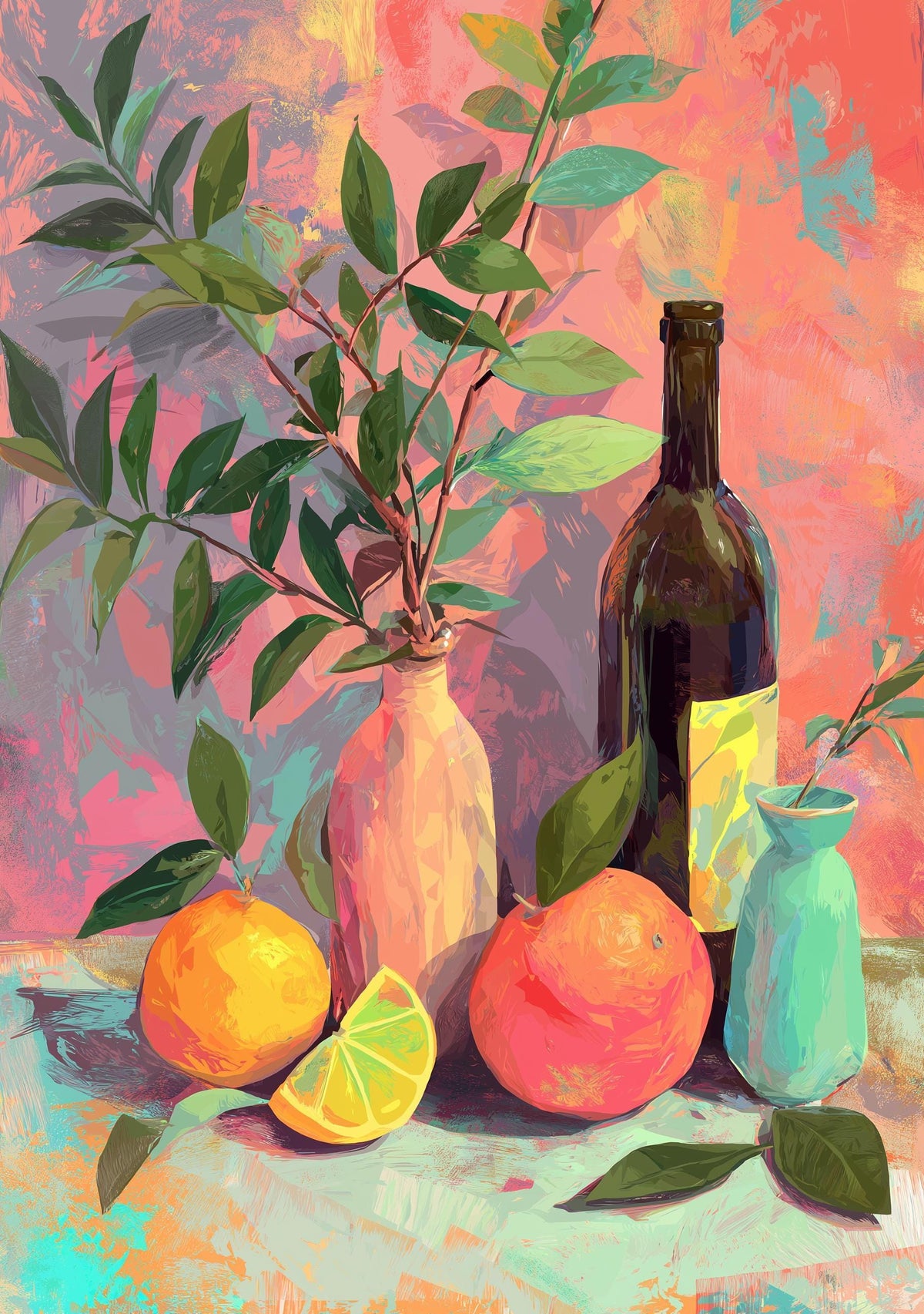 Colourful Still Life Art Print • Modern Wine & Citrus Wall Art • Vibrant Kitchen Décor • Painterly Fruit Illustration • Co...