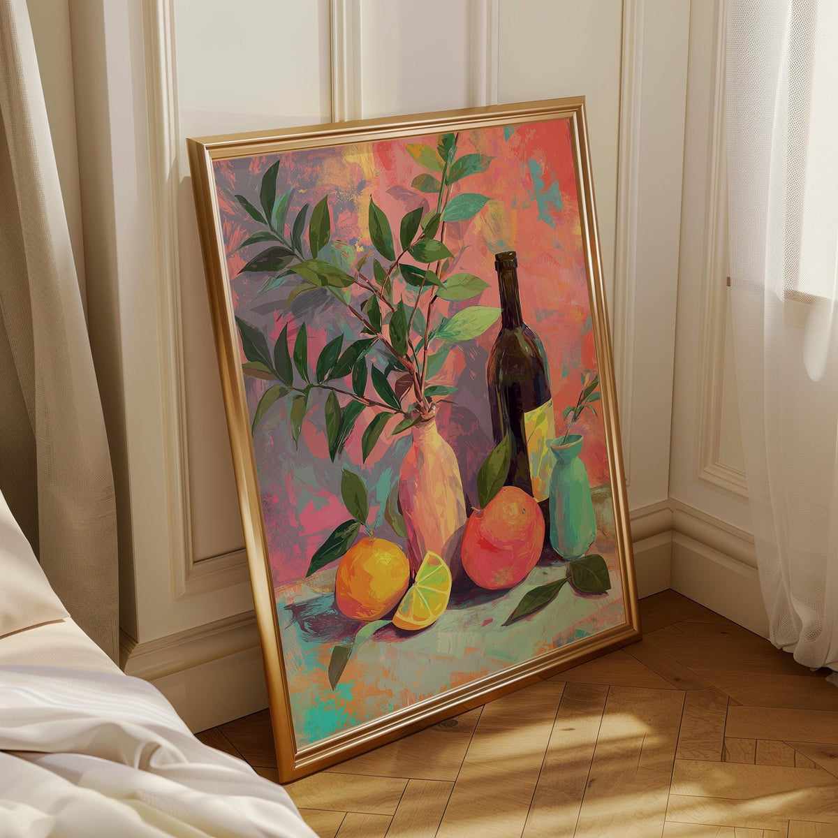 Colourful Still Life Art Print • Modern Wine & Citrus Wall Art • Vibrant Kitchen Décor • Painterly Fruit Illustration • Co...