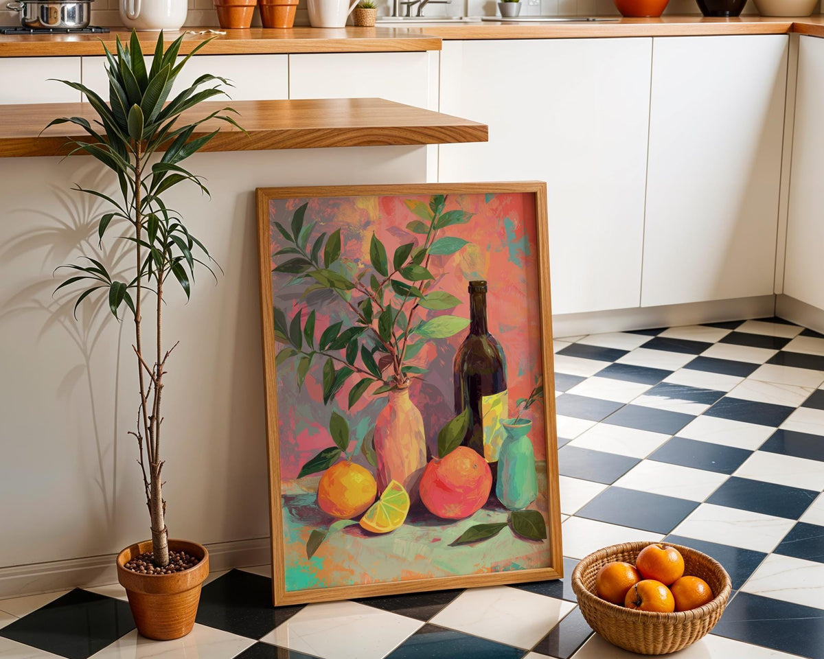 Colourful Still Life Art Print • Modern Wine & Citrus Wall Art • Vibrant Kitchen Décor • Painterly Fruit Illustration • Co...