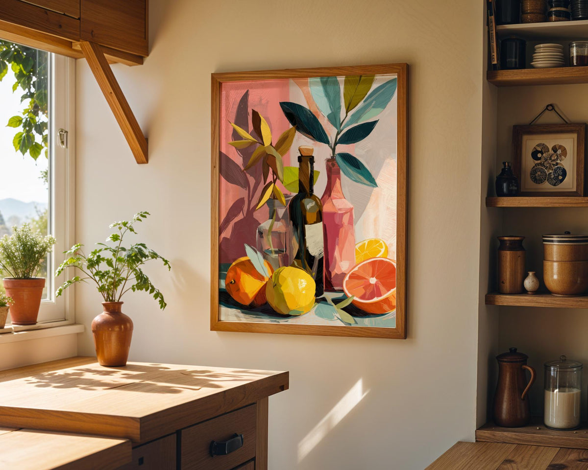 Colourful Still Life Art Print • Modern Wine & Citrus Wall Art • Vibrant Kitchen Décor • Painterly Fruit Illustration • Co...