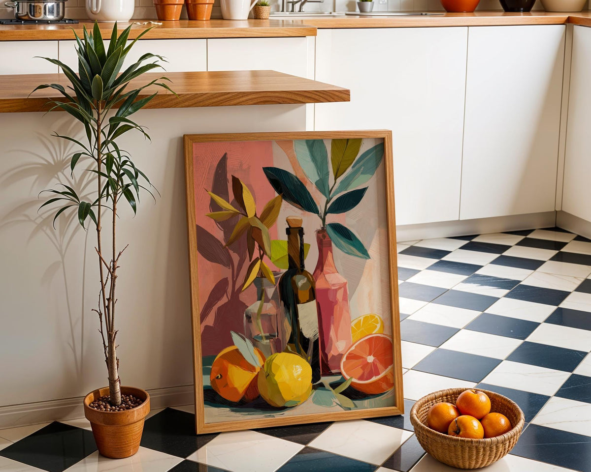 Colourful Still Life Art Print • Modern Wine & Citrus Wall Art • Vibrant Kitchen Décor • Painterly Fruit Illustration • Co...