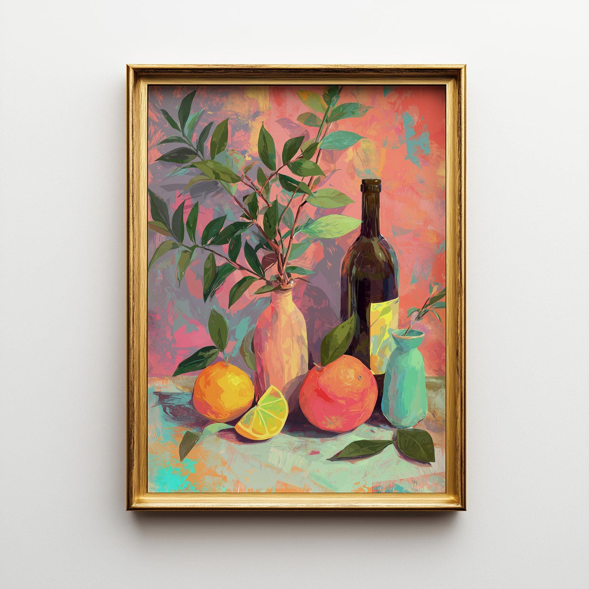 Colourful Still Life Art Print • Modern Wine & Citrus Wall Art • Vibrant Kitchen Décor • Painterly Fruit Illustration • Co...