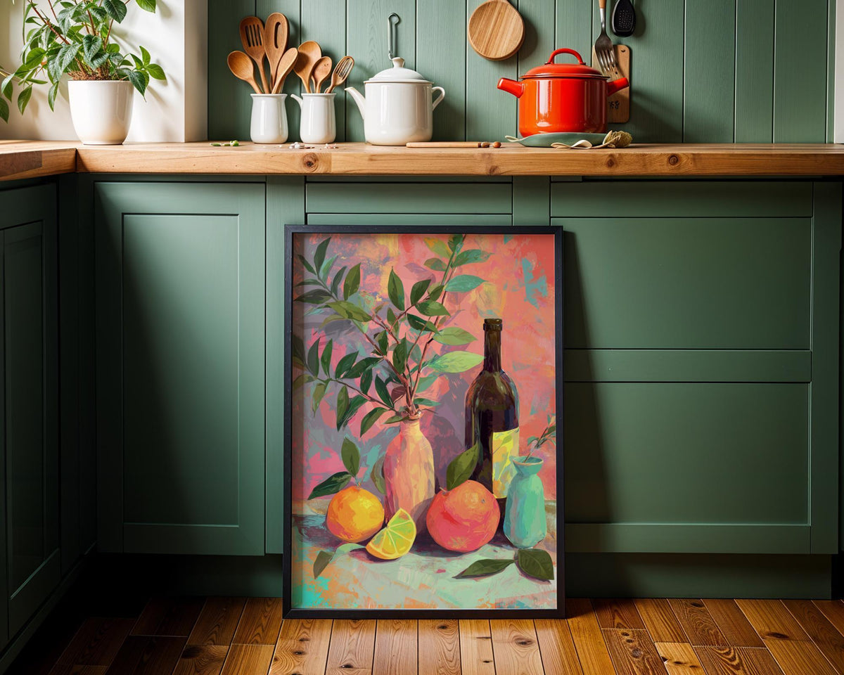 Colourful Still Life Art Print • Modern Wine & Citrus Wall Art • Vibrant Kitchen Décor • Painterly Fruit Illustration • Co...