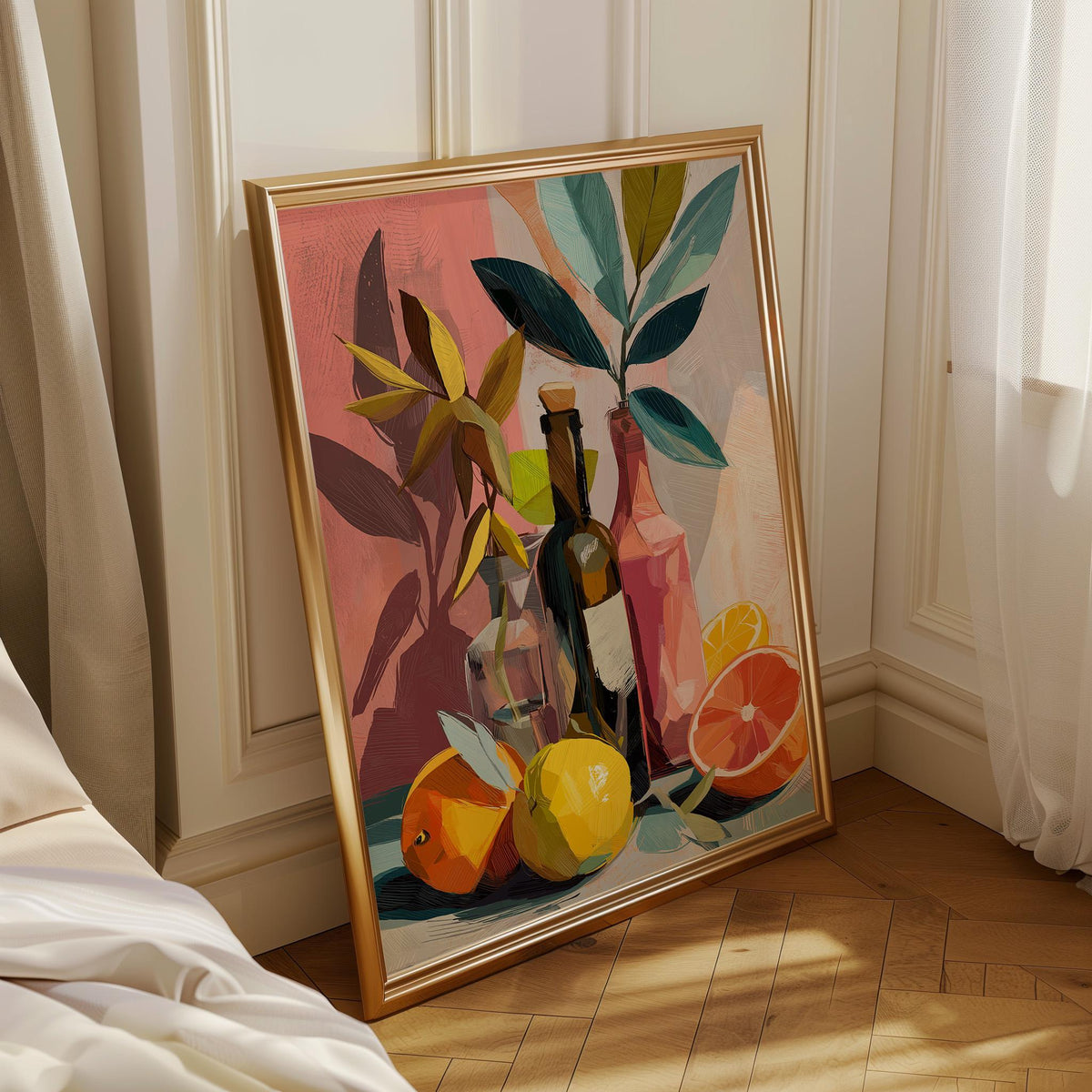 Colourful Still Life Art Print • Modern Wine & Citrus Wall Art • Vibrant Kitchen Décor • Painterly Fruit Illustration • Co...
