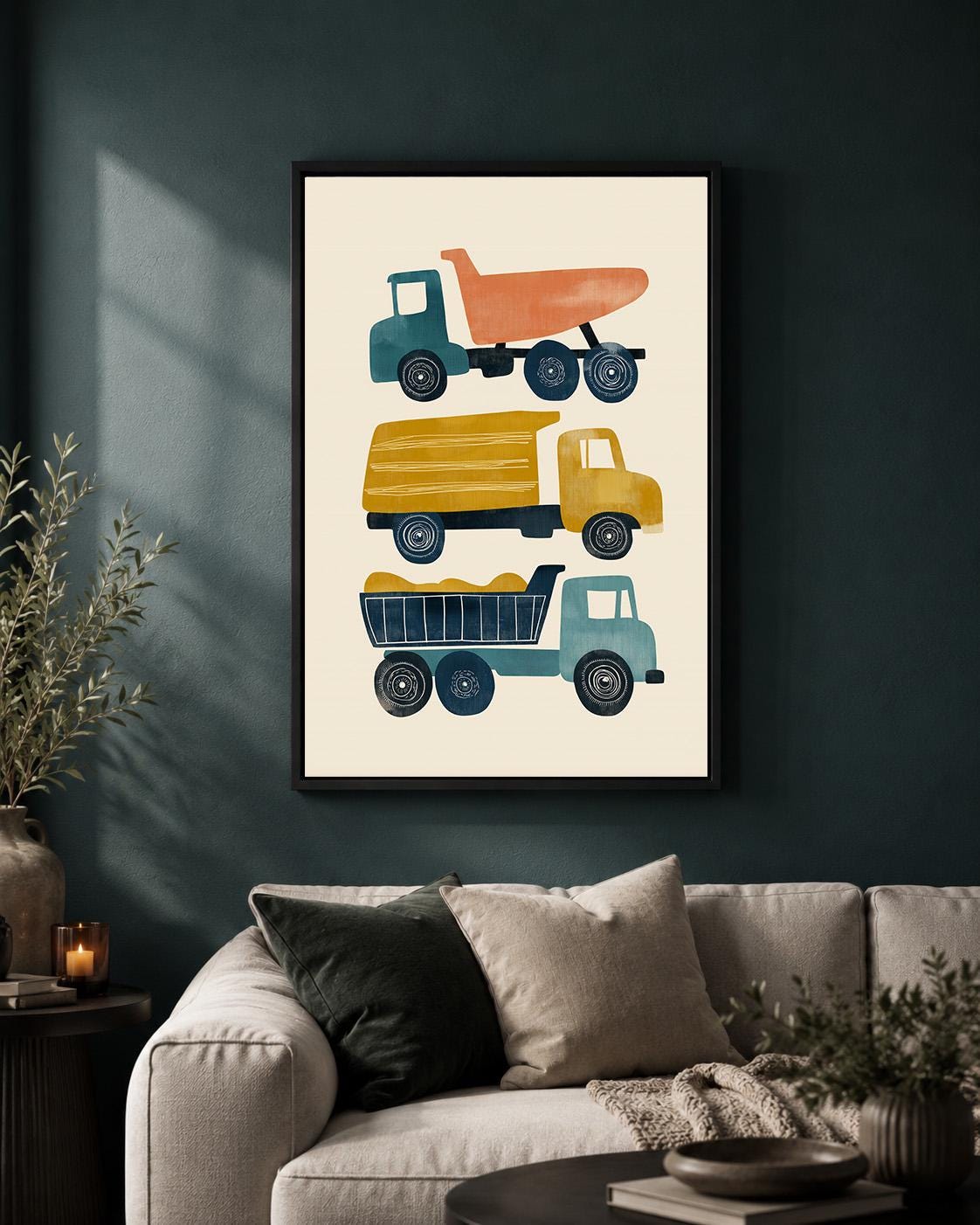 Construction Trucks Mid Century Modern Framed Canvas Art, Retro Vehicle Nursery Artwork by The Wall Art Studio - physical