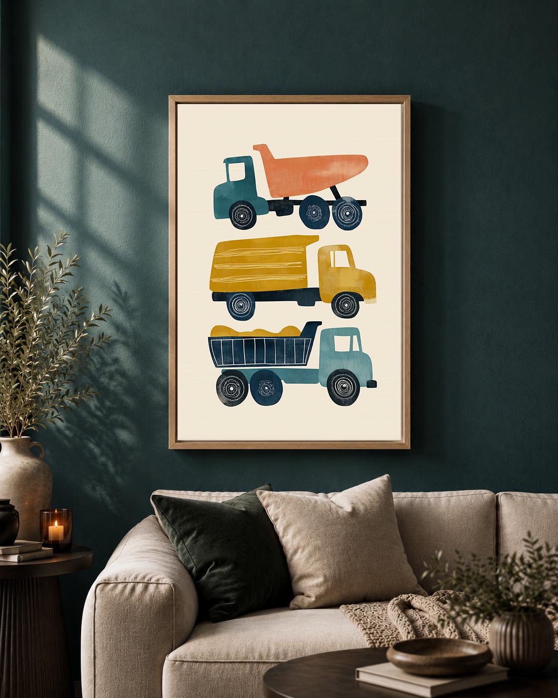 Construction Trucks Mid Century Modern Framed Canvas Art, Retro Vehicle Nursery Artwork by The Wall Art Studio - physical