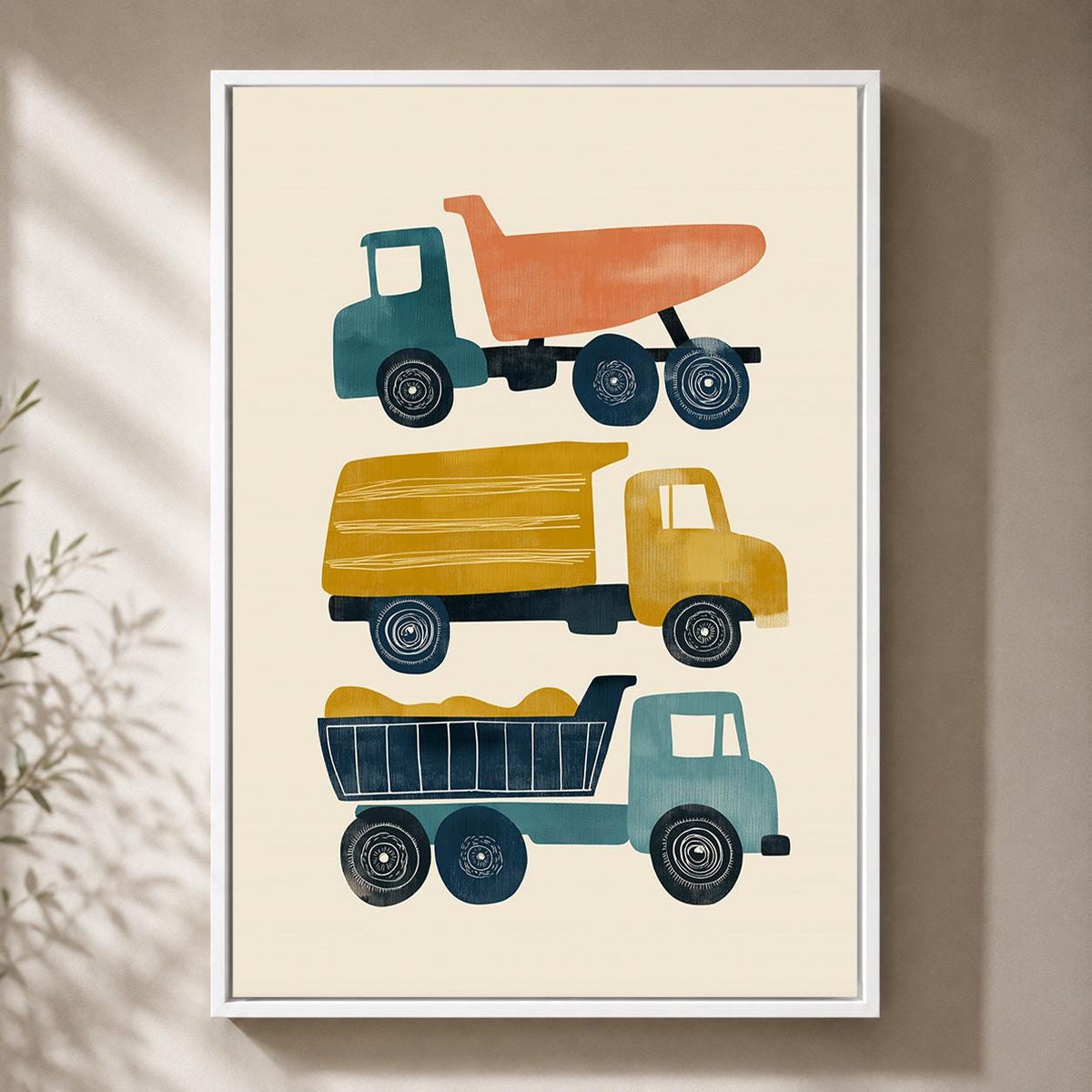 Construction Trucks Mid Century Modern Framed Canvas Art, Retro Vehicle Nursery Artwork by The Wall Art Studio - physical