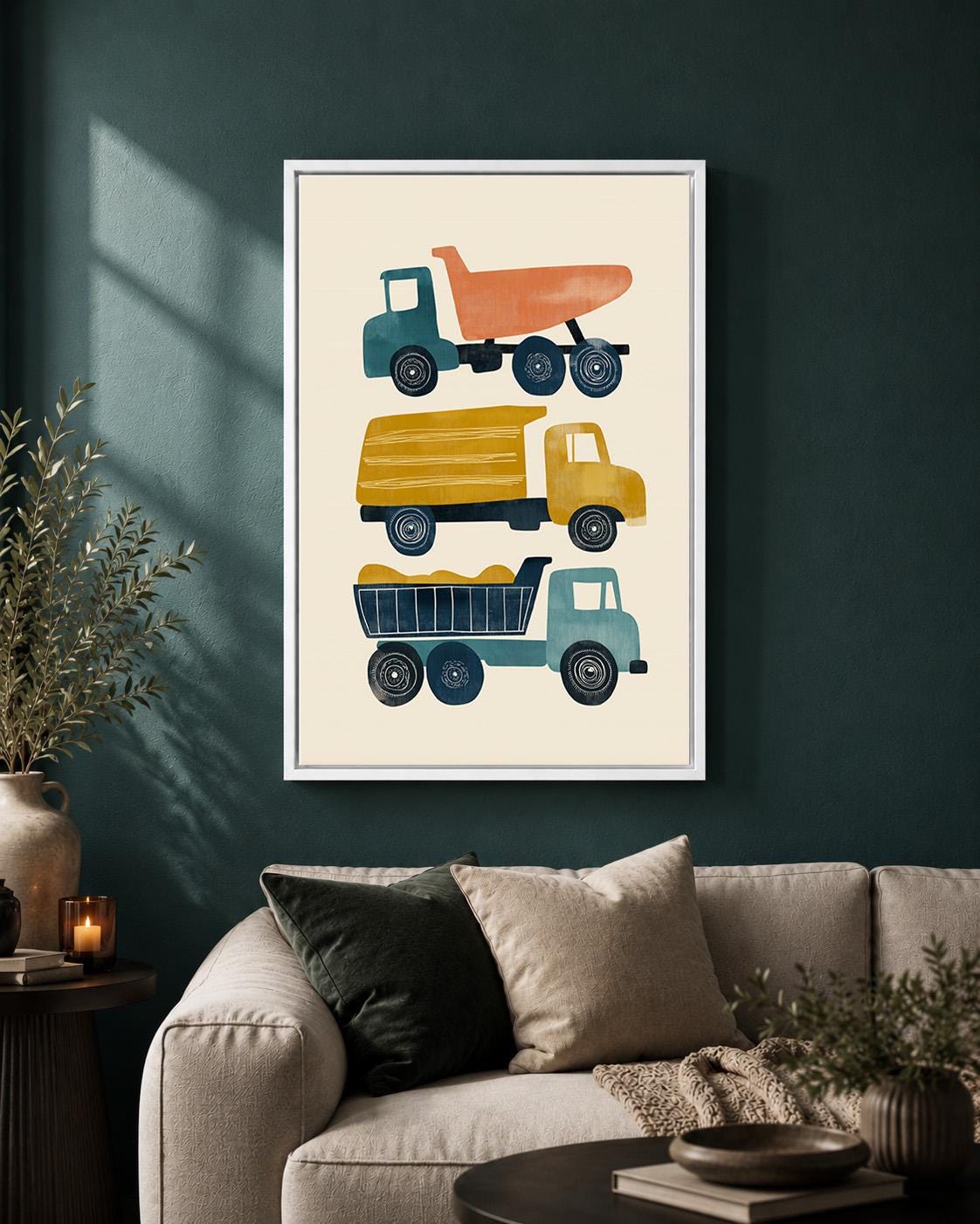 Construction Trucks Mid Century Modern Framed Canvas Art, Retro Vehicle Nursery Artwork by The Wall Art Studio - physical