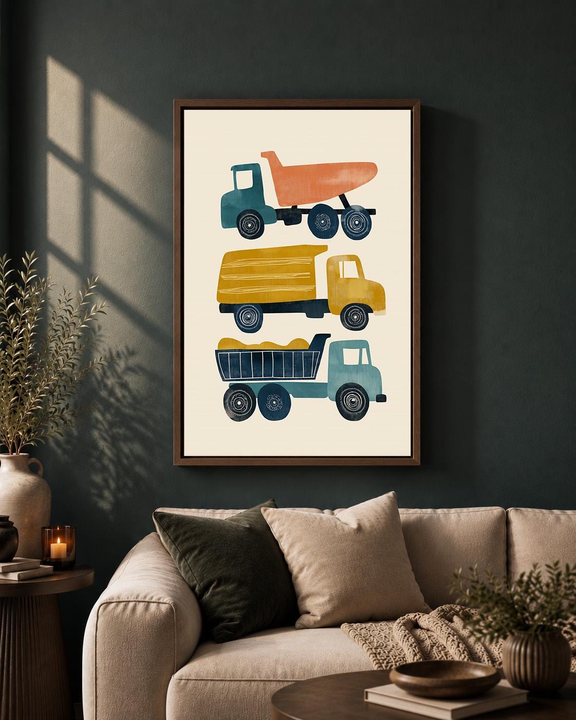 Construction Trucks Mid Century Modern Framed Canvas Art, Retro Vehicle Nursery Artwork by The Wall Art Studio - physical