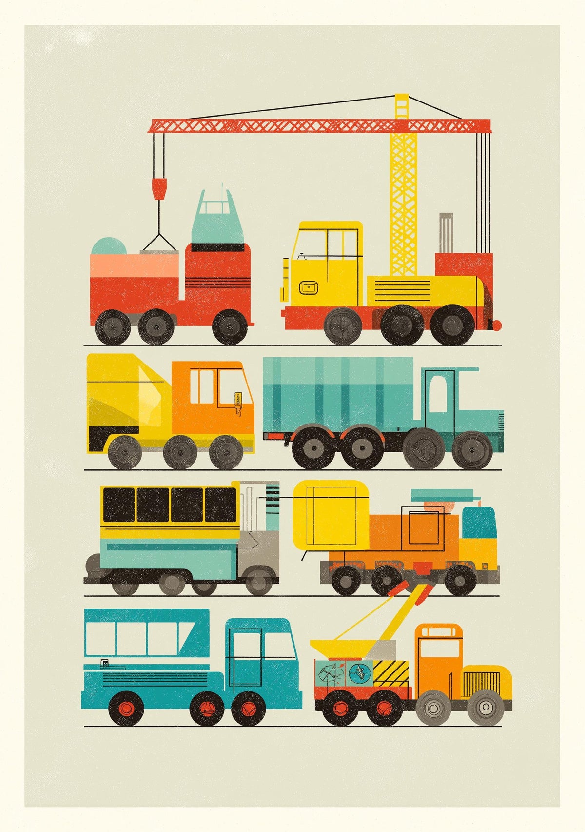 Construction Vehicles Nursery Wall Art Print, Construction Truck Poster, Kids Vehicle Decor, Playroom Transportation Art (...