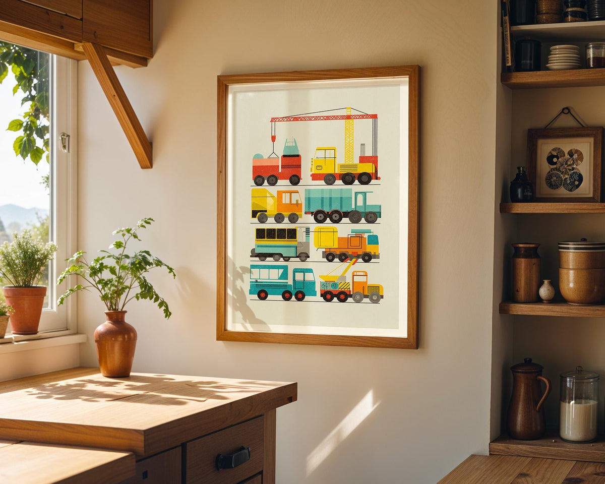 Construction Vehicles Nursery Wall Art Print, Construction Truck Poster, Kids Vehicle Decor, Playroom Transportation Art (...