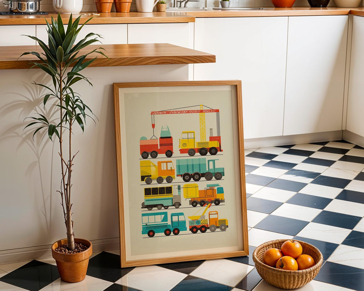 Construction Vehicles Nursery Wall Art Print, Construction Truck Poster, Kids Vehicle Decor, Playroom Transportation Art (...