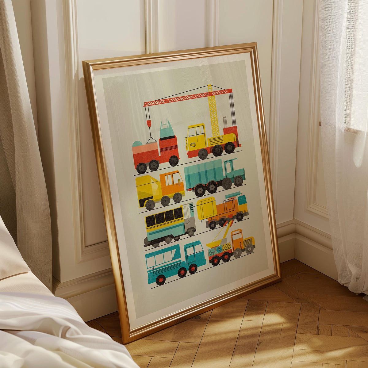 Construction Vehicles Nursery Wall Art Print, Construction Truck Poster, Kids Vehicle Decor, Playroom Transportation Art (...