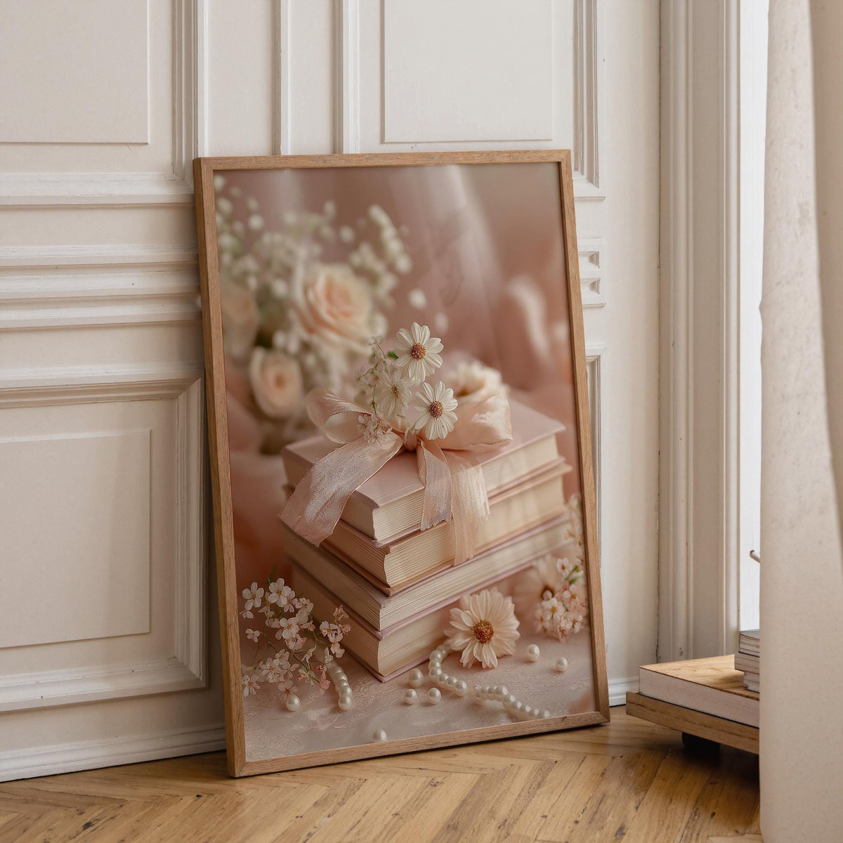 Coquette Book Stack Wall Art, Pink Floral Books Print, Feminine Romantic, Soft Aesthetic Poster, Vintage Style Library Art...