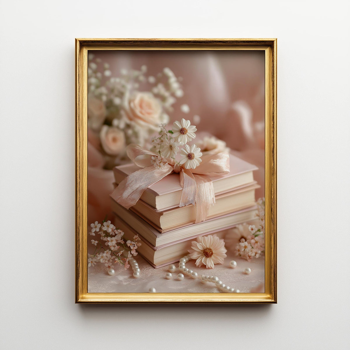 Coquette Book Stack Wall Art, Pink Floral Books Print, Feminine Romantic, Soft Aesthetic Poster, Vintage Style Library Art...