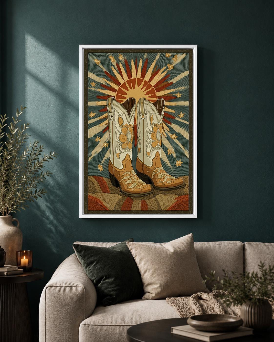 Cowboy Boot Framed Canvas Art, Western Sunburst Print, Rustic Ranch Decor, Framed Artwork by The Wall Art Studio - physical